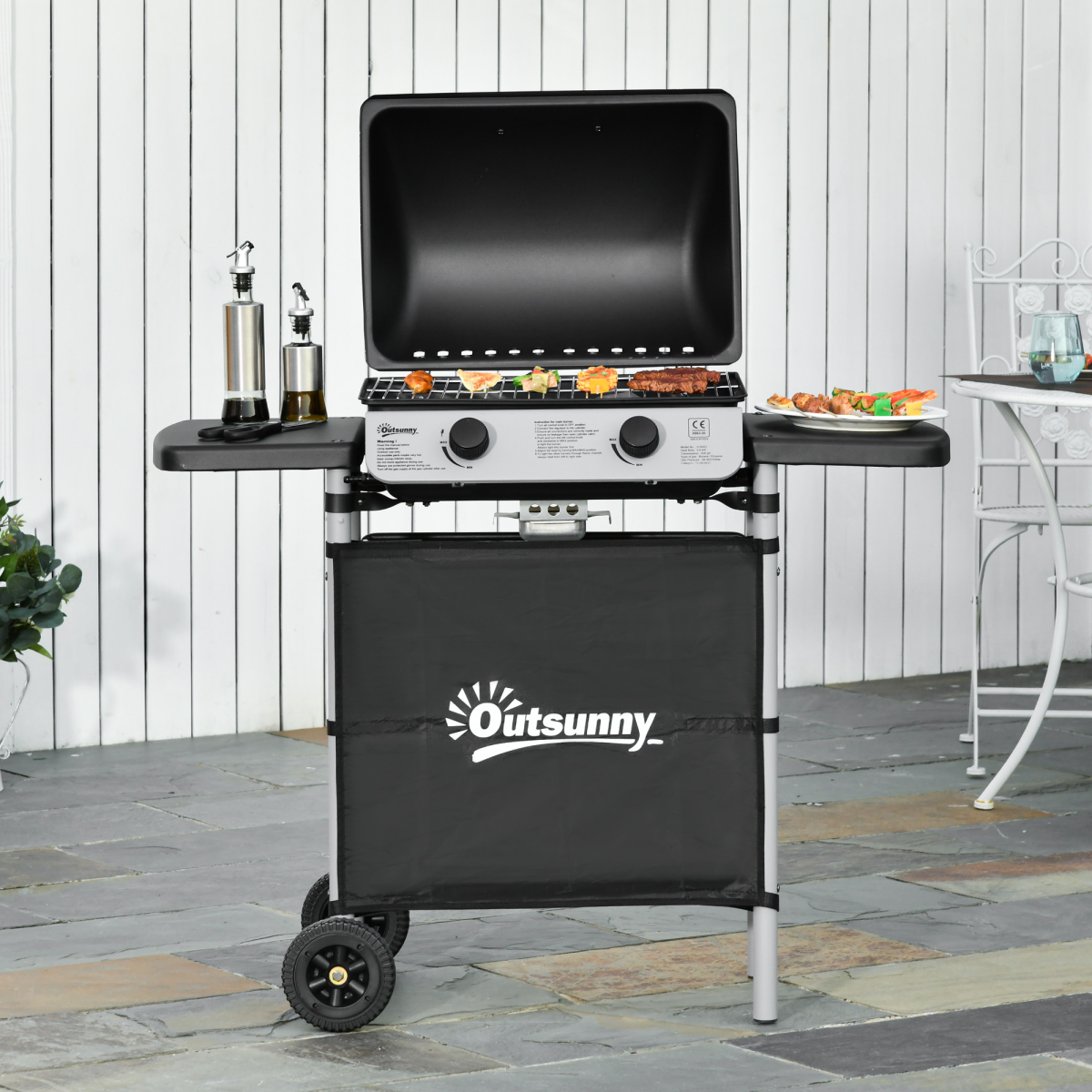 Outsunny 2-Burner Propane Gas BBQ Grill, 5.6kW with Side Shelves and Wheels – LPG Outdoor Barbecue, Grey