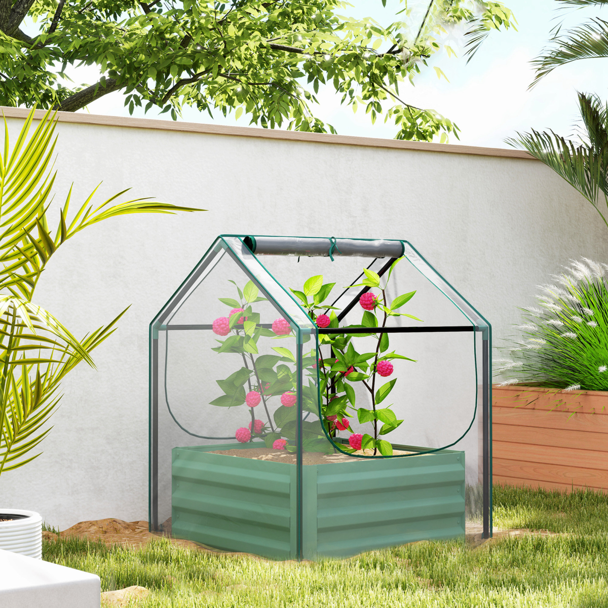 Outsunny Raised Garden Bed Planter with Clear Greenhouse Cover & 2 Roll-Up Windows – Clear & Green
