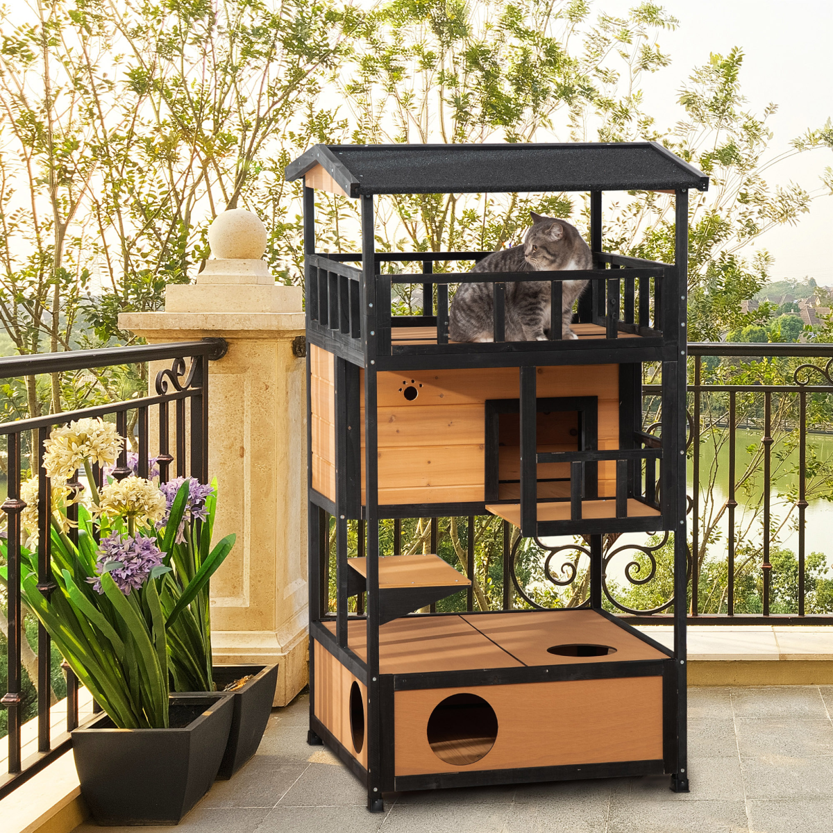 PawHut Wooden Outdoor Cat House with 3 Tiers, Tilted Roof and Balconies – Kitten Shelter, Yellow