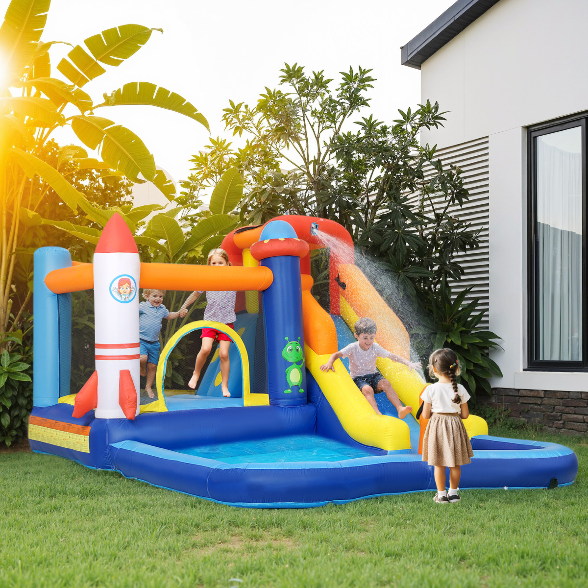 AIYAPLAY 5-in-1 Bouncy Castle with Splash Pool, Water Slide, Climbing Wall and 550W Blower – Kids Inflatable