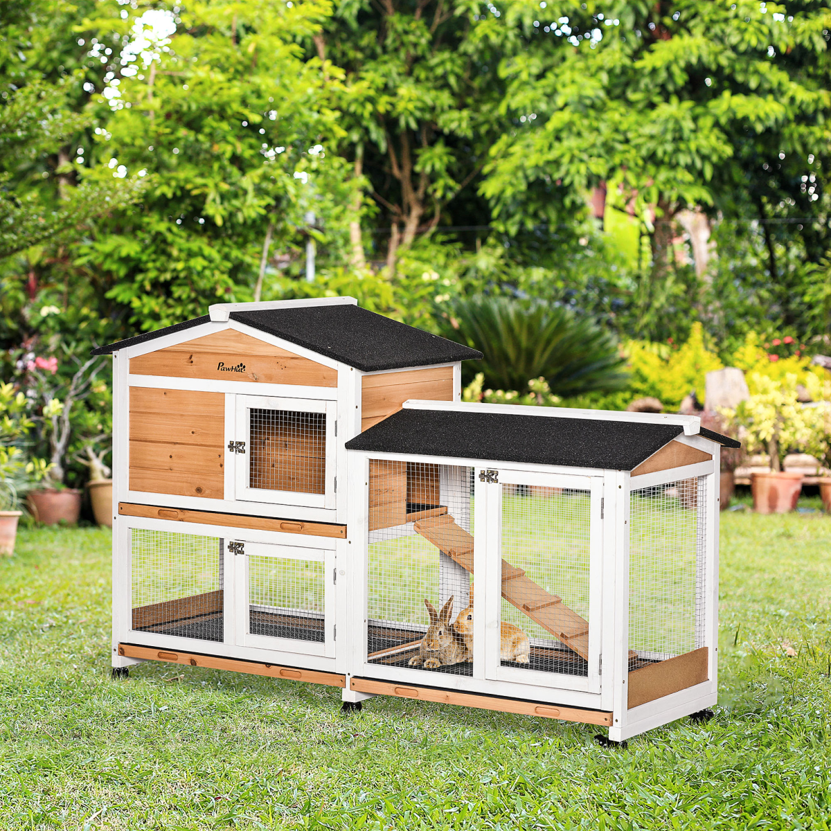 PawHut Wooden Rabbit Hutch & Guinea Pig Cage with Wheels, Run, Slide-Out Tray & Ramp – Two-Floor Outdoor House