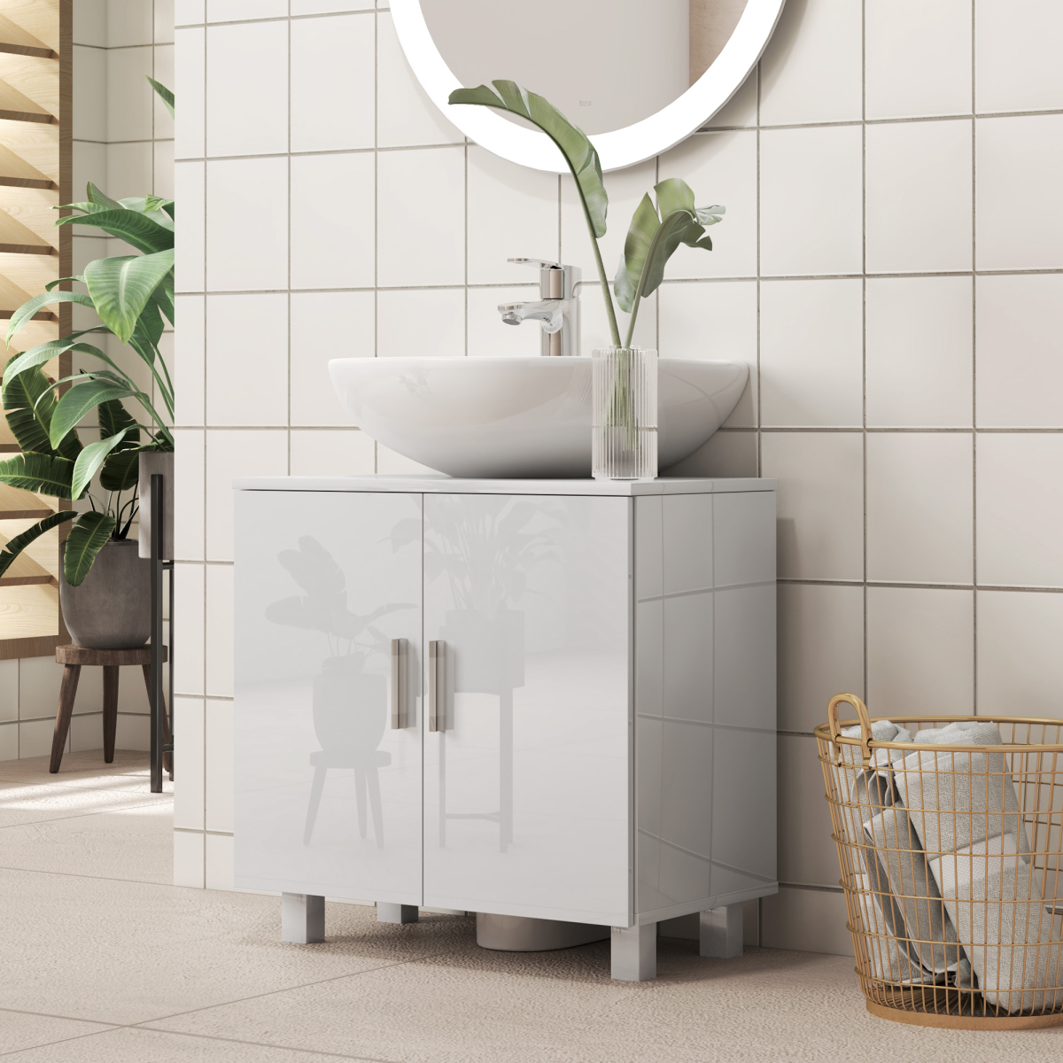 HOMCOM High Gloss Freestanding Under Sink Bathroom Cabinet with U-Shape Cut-Out and Middle Shelf – White