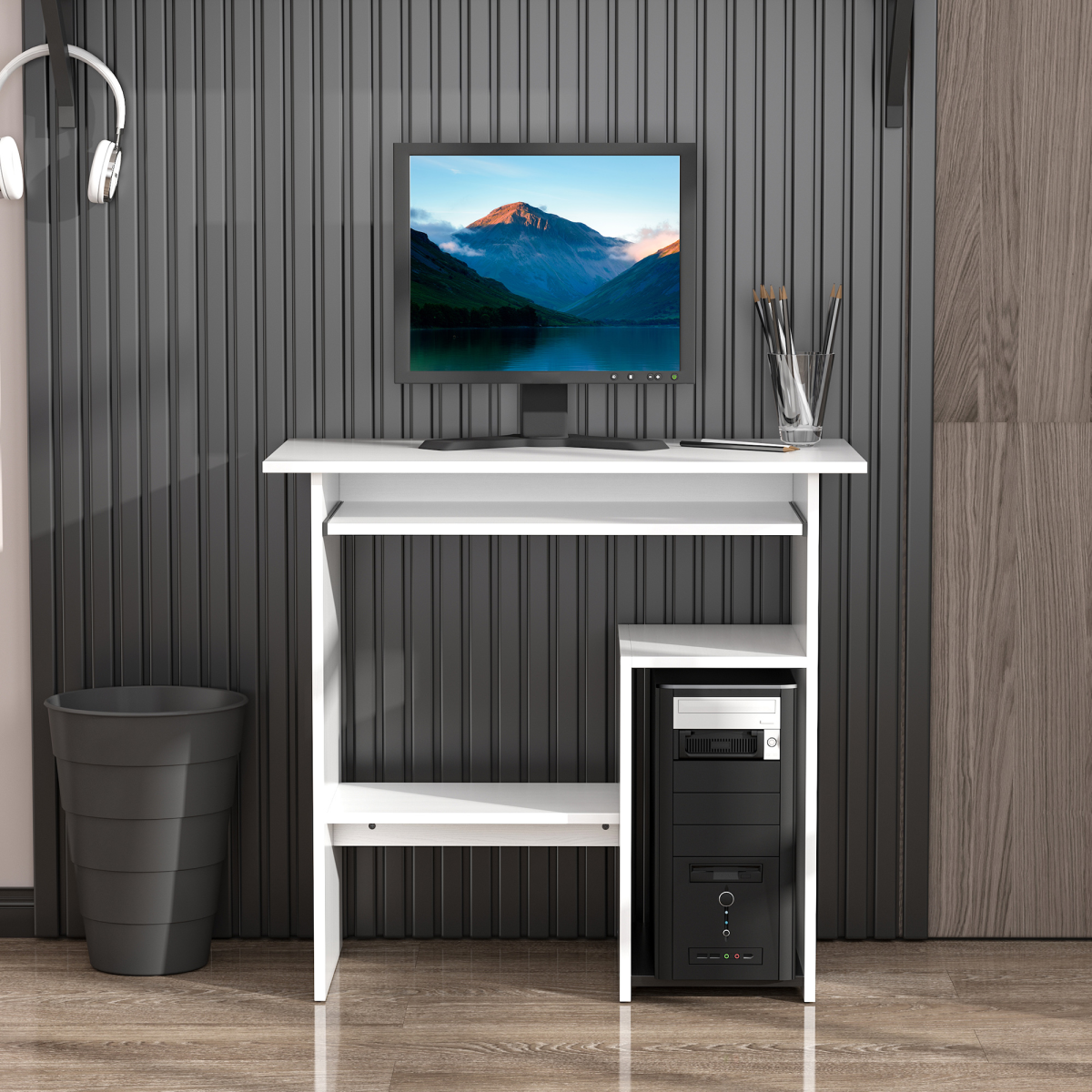 HOMCOM Compact Computer Desk with Slide-Out Keyboard Tray and Two Shelves – Melamine Home Office Desk, White