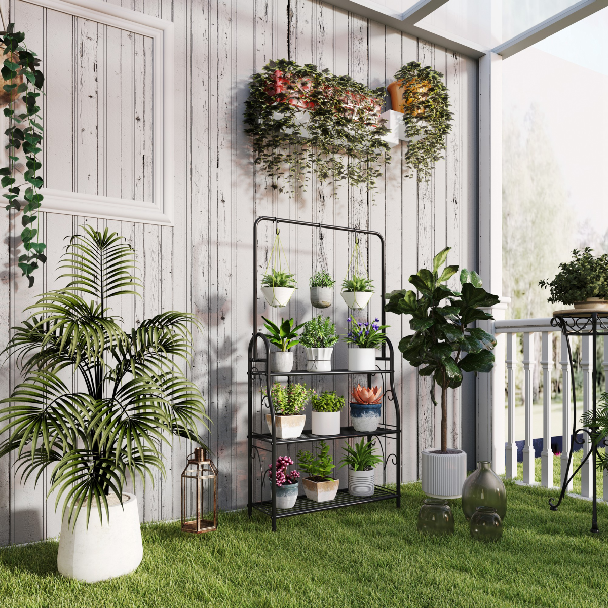 Outsunny 3 Tier Metal Plant Stand with Hanging Hooks – Garden, Balcony and Living Room Plant Shelf, Black