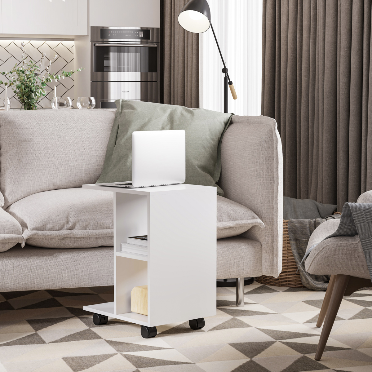 C-Shaped Mobile End Table with 2 Shelves & Wheels – Slide-Under Sofa Side Table, White