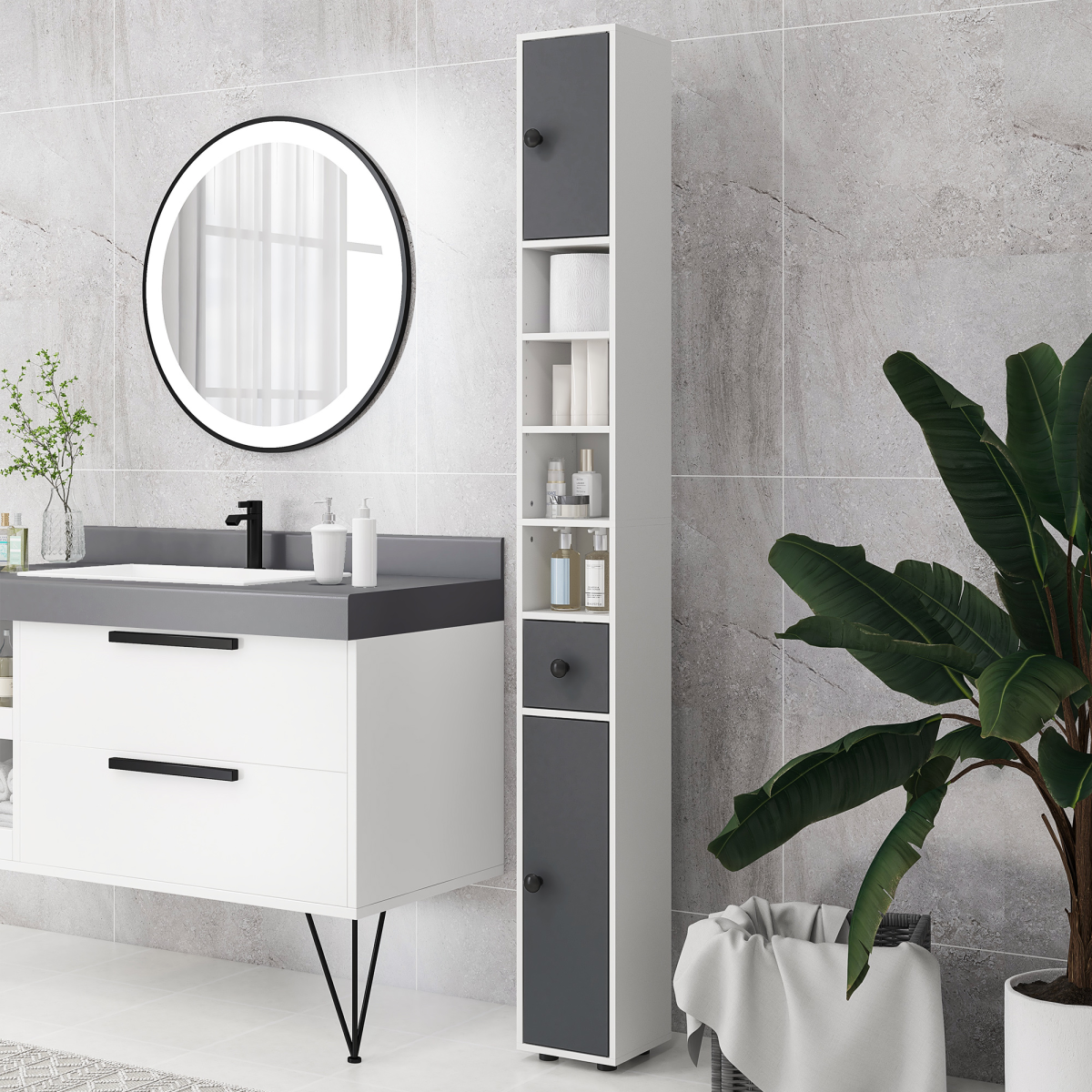Kleankin Slim Bathroom Cabinet with Drawer, Four Open Shelves & Toilet Roll Storage – Floor Standing Unit, Grey
