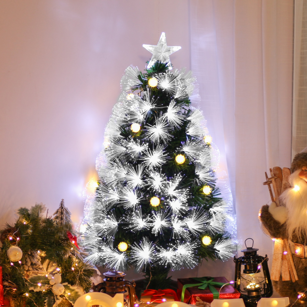 HOMCOM 3ft White Light Christmas Tree with 90 LEDs, Star Topper and Tri-Base – Pre-Lit Home Decoration