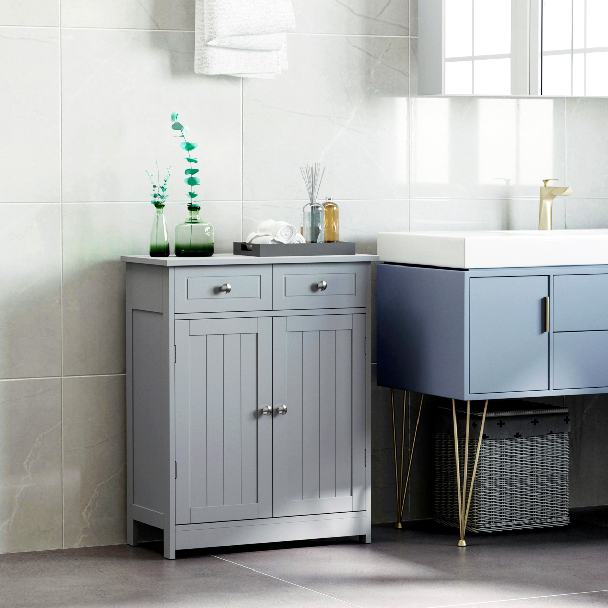 kleankin Bathroom Floor Storage Cabinet with 2 Drawers & Cupboard – Grey Freestanding Bathroom Storage
