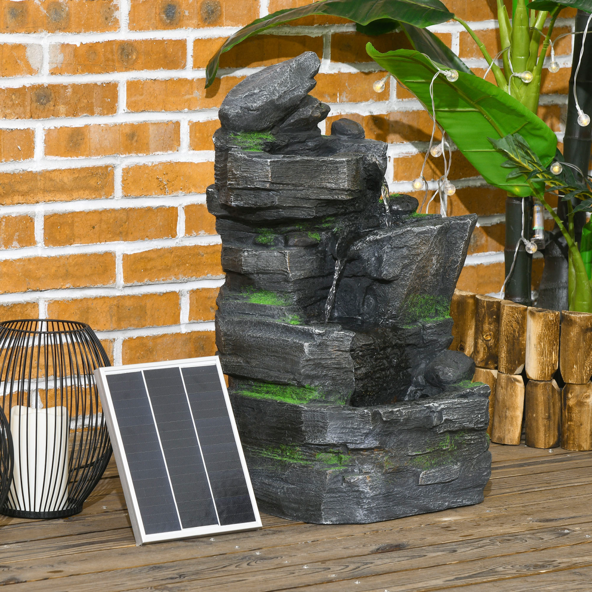 Outsunny Solar Powered Four-Tier Garden Fountain with 3 LED Lights – Outdoor Water Feature, Dark Grey and Green