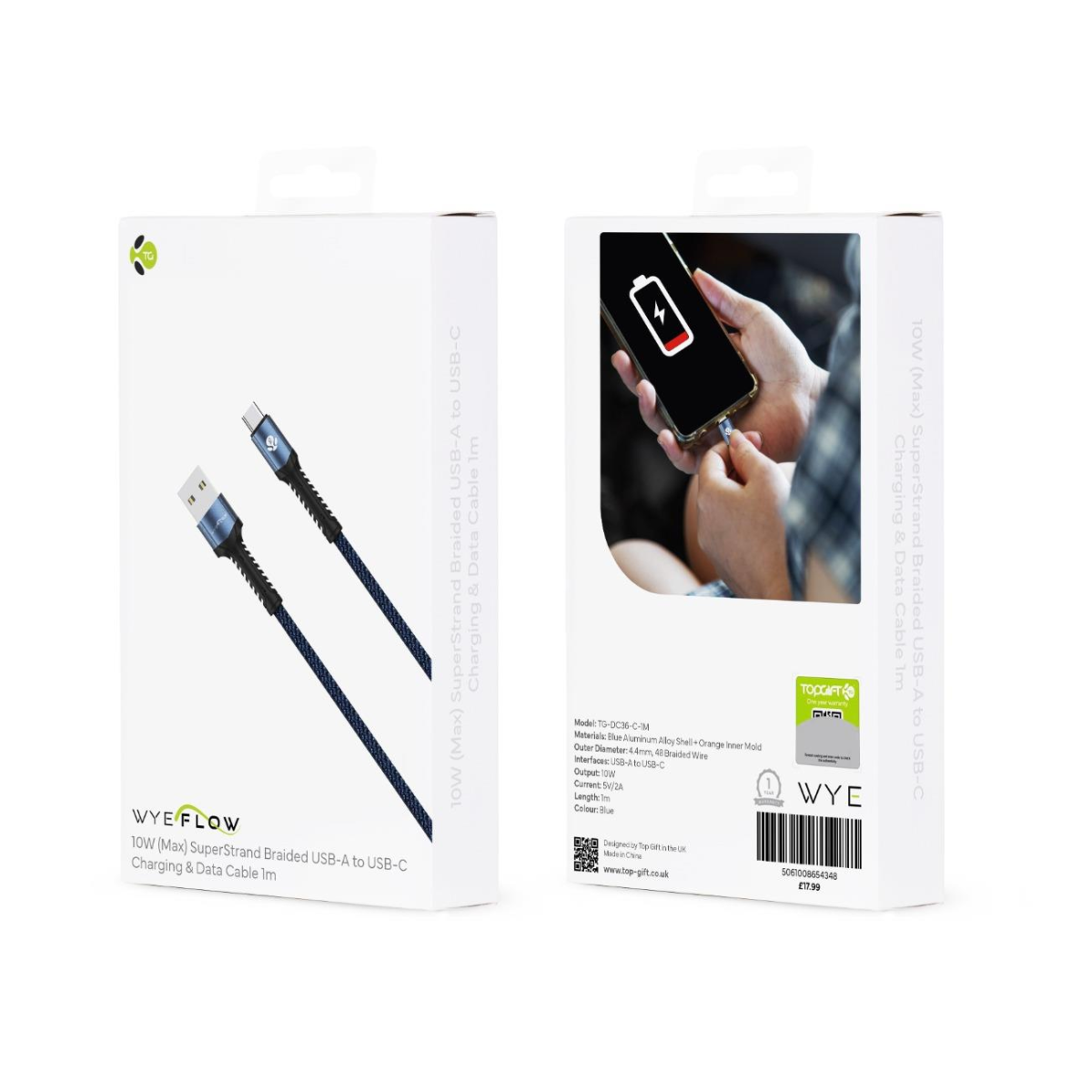 WYEFLOW 10W SuperStrand Braided USB to USB-C Charging & Data Cable 1m – Blue Aluminium Alloy