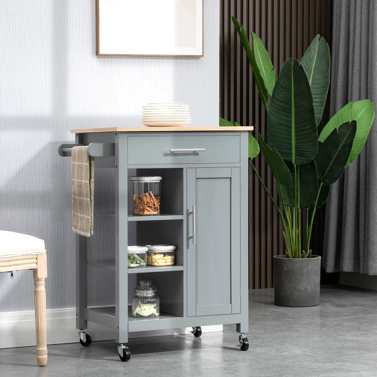 HOMCOM Kitchen Trolley with Open Shelf, Storage Drawer & Lockable Wheels – Utility Cart on Wheels, Grey