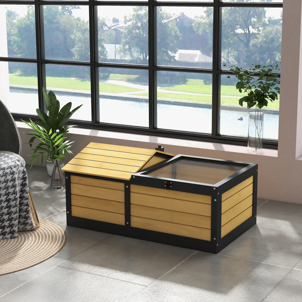 PawHut Wooden Tortoise House with Hide Shelter Den, Run & Openable Roof – Small Reptile Habitat, Yellow