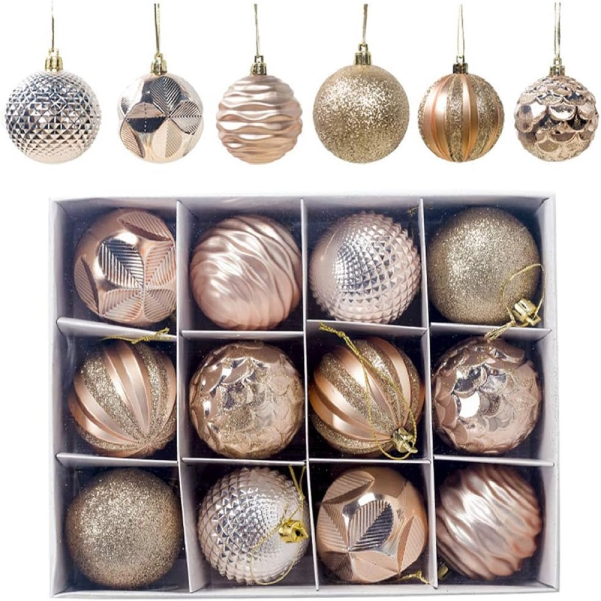 Shatterproof Christmas Baubles 60mm – 12 Pack of Glossy & Matte Tree Decorations with Pre-Tied Strings