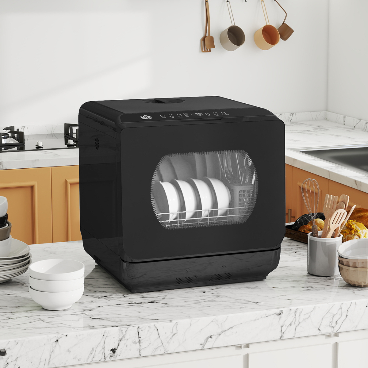 HOMCOM Compact Worktop Dishwasher with 4 Place Settings & 6 Programmes – Countertop Appliance, Black