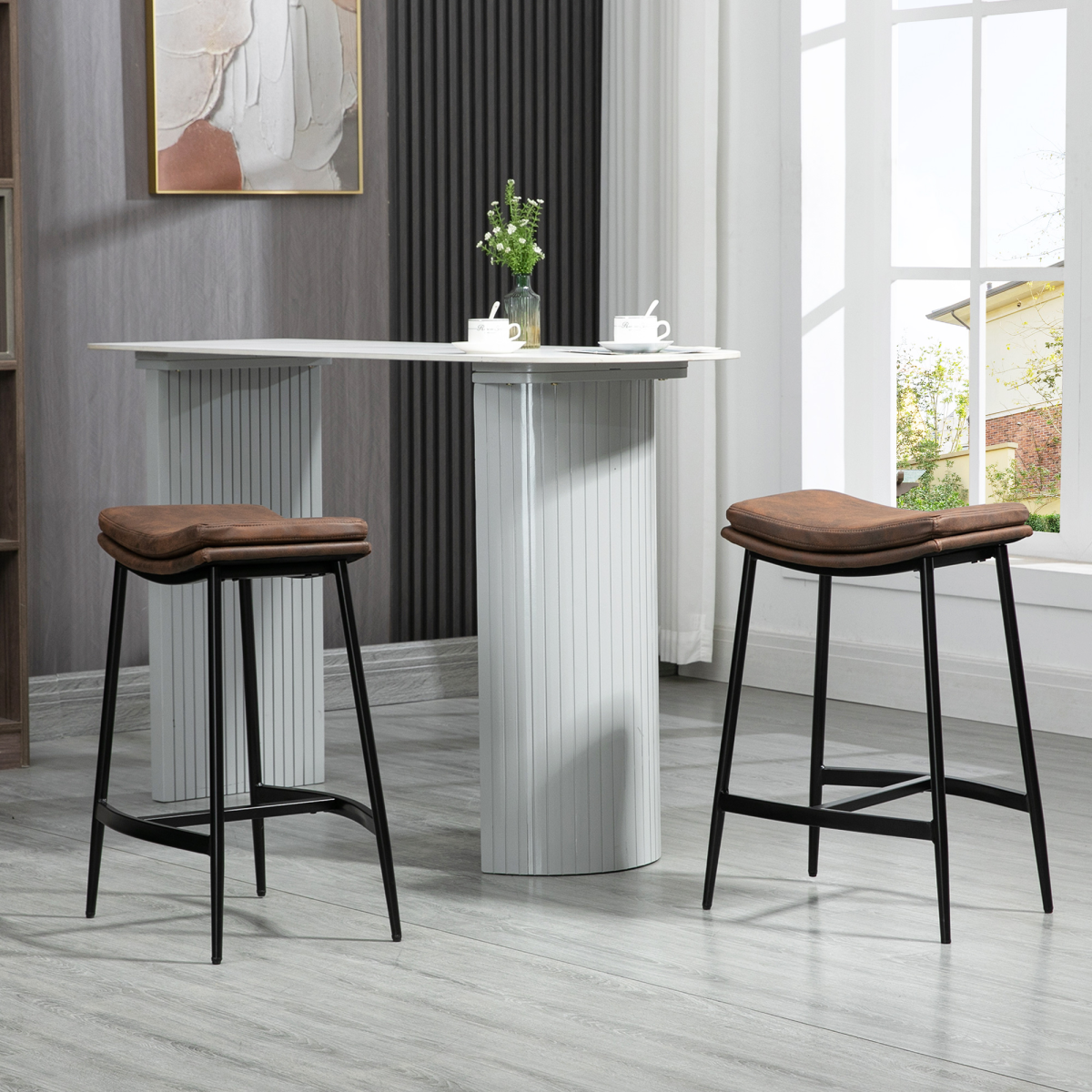 HOMCOM Upholstered Curved Seat Breakfast Bar Stools with Footrest – Set of 2, Brown