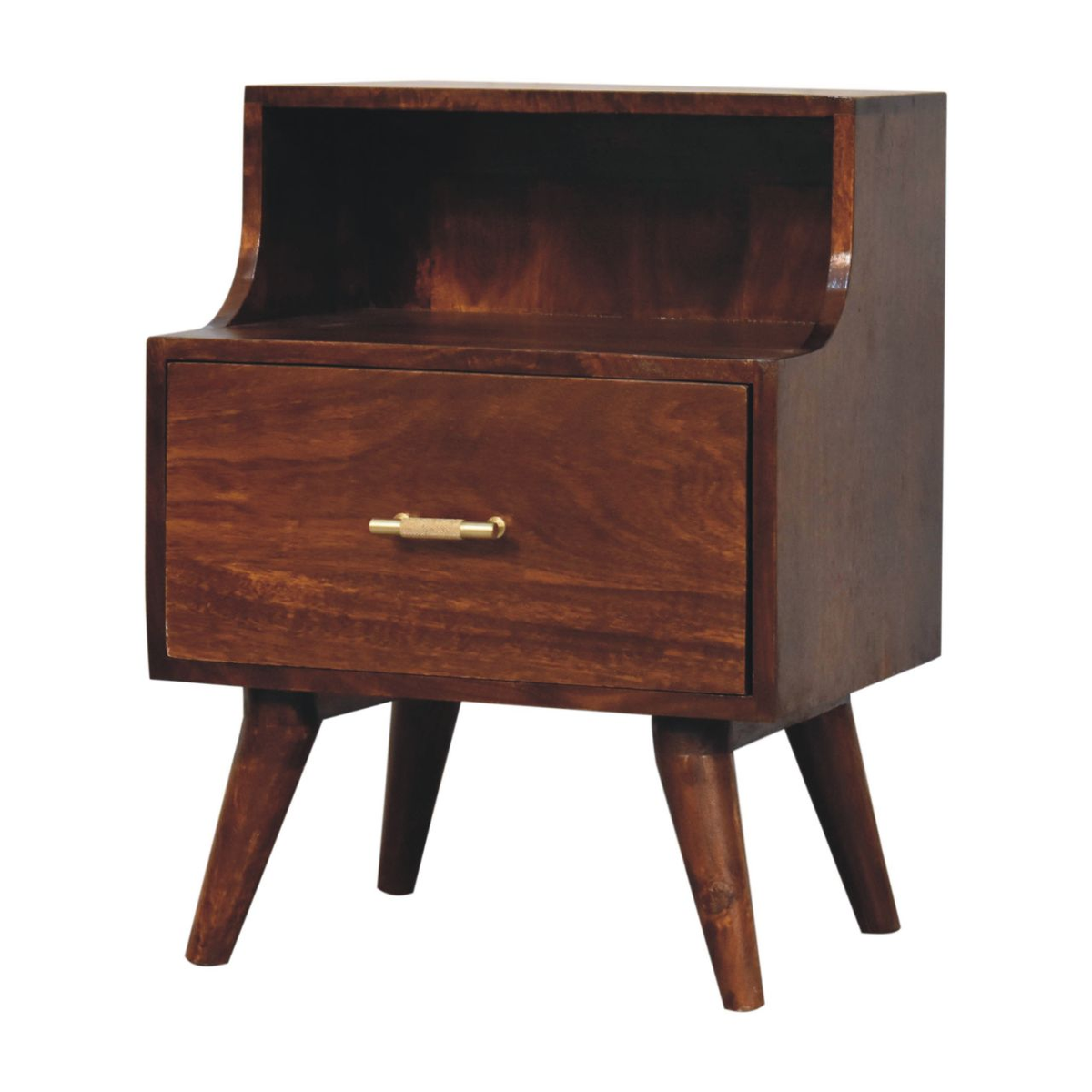 Artisan Furniture Solid Wood T-Bar Raised Back Bedside Table with 1 Drawer & Open Slot – Dark Brown