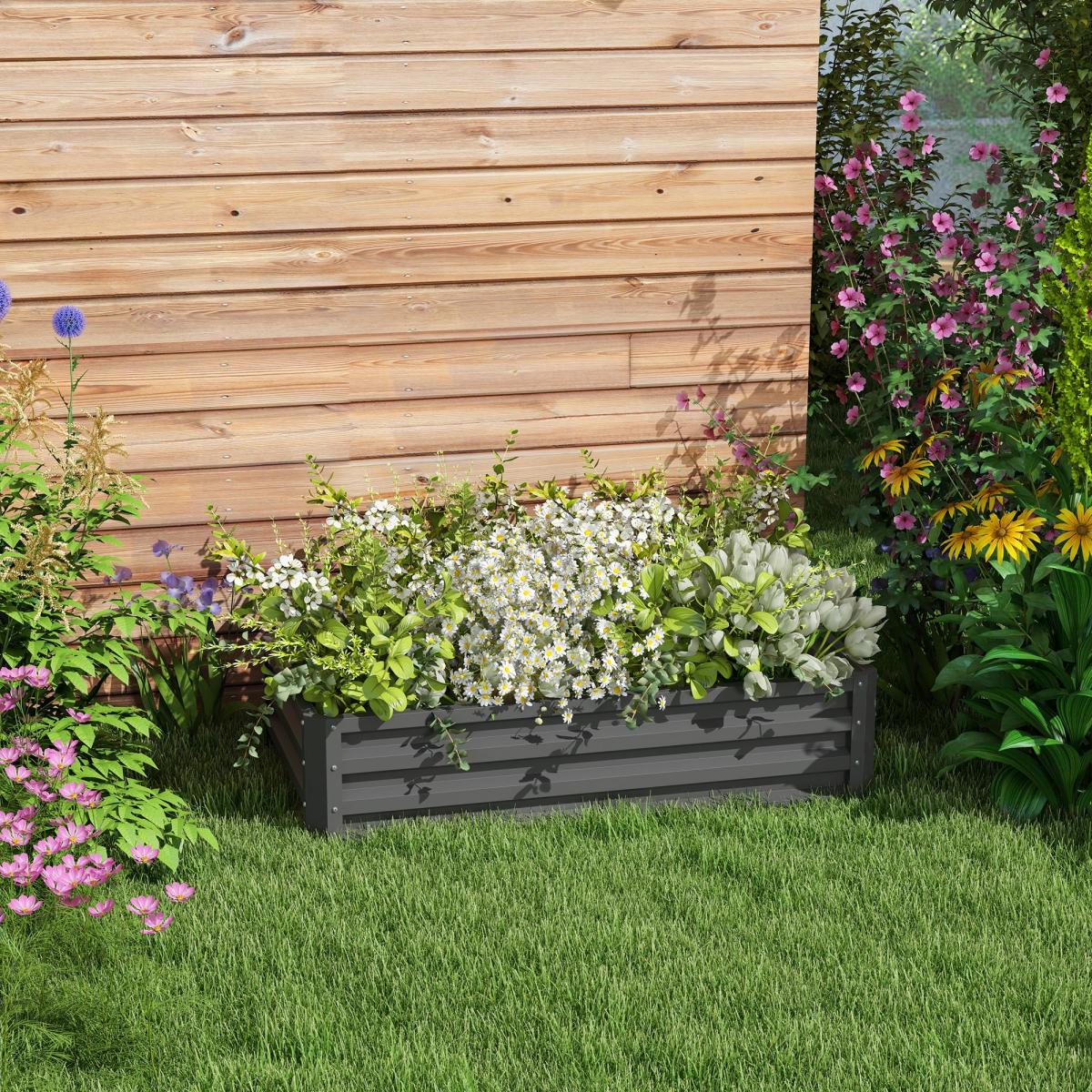 Outsunny Steel Raised Garden Bed with 30.5cm Panels – Elevated Planter Box for Flowers and Plants, Light Grey