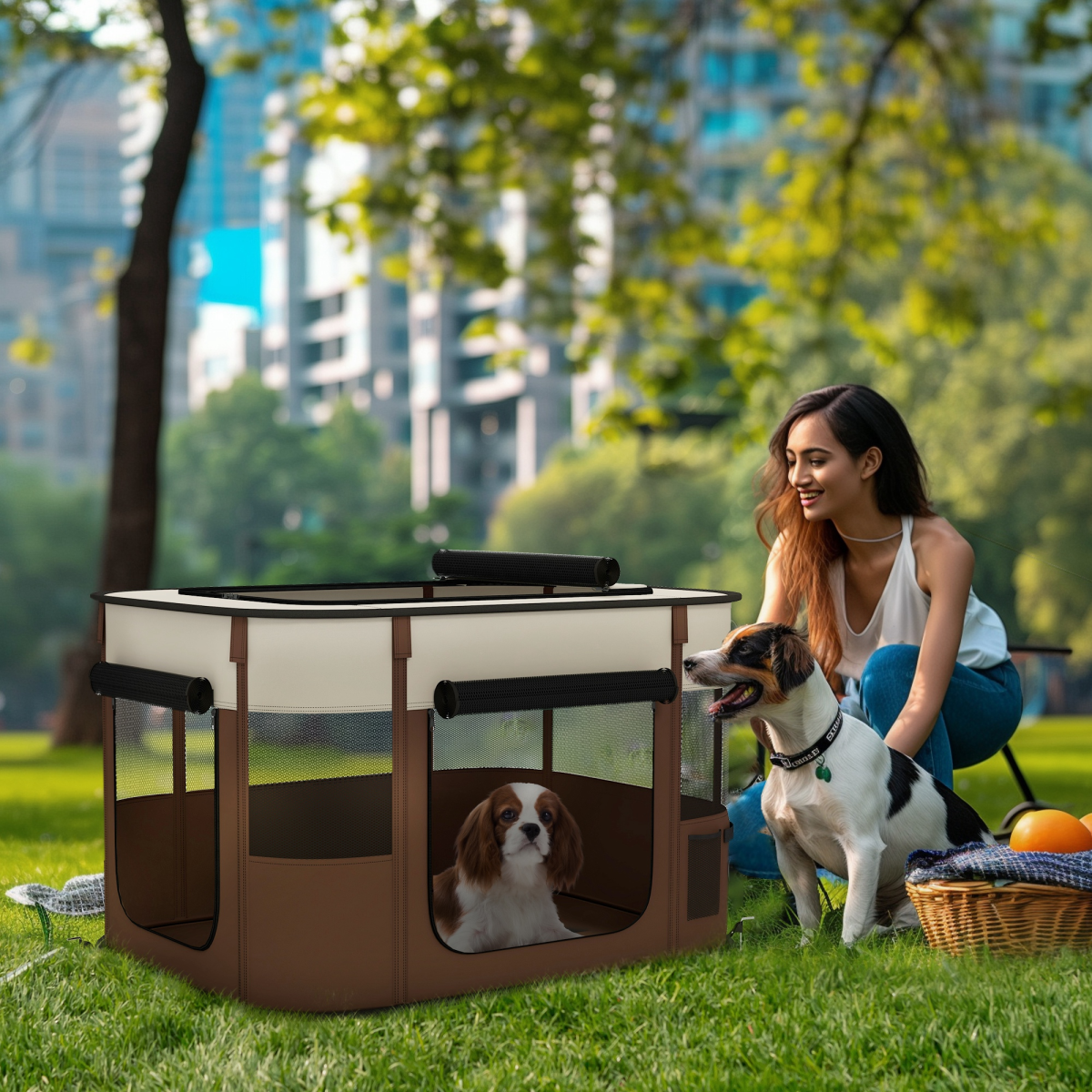 PawHut Portable Foldable Pet Playpen with Mesh Windows & Storage Bag – Dog, Rabbit & Kitten Run, Brown, 84cm