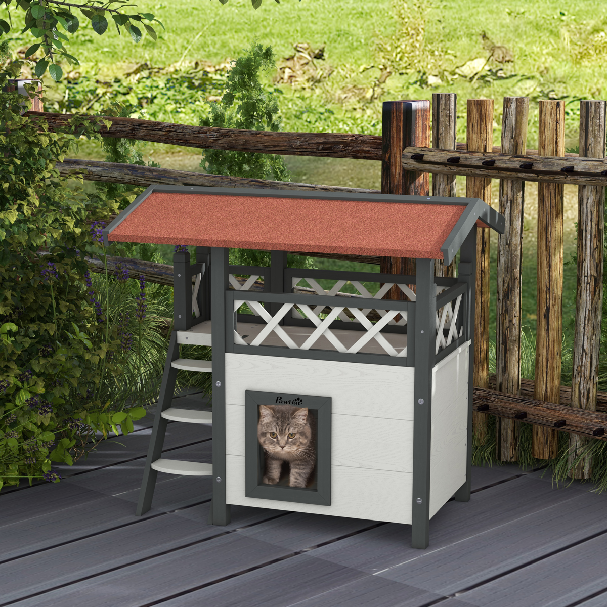 PawHut Outdoor Cat House with Balcony, Stairs and Asphalt Roof – Elevated Fir Wood Cat Shelter