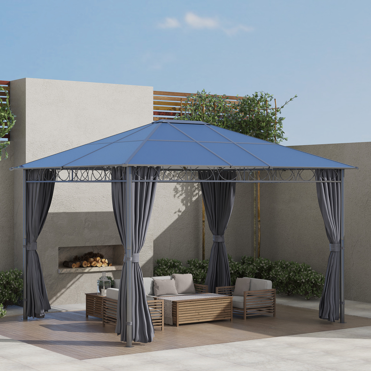 Outsunny 3.6 x 3m Hardtop Gazebo with 7mm Polycarbonate Roof & 4 Zip Curtains – Steel Frame Shelter