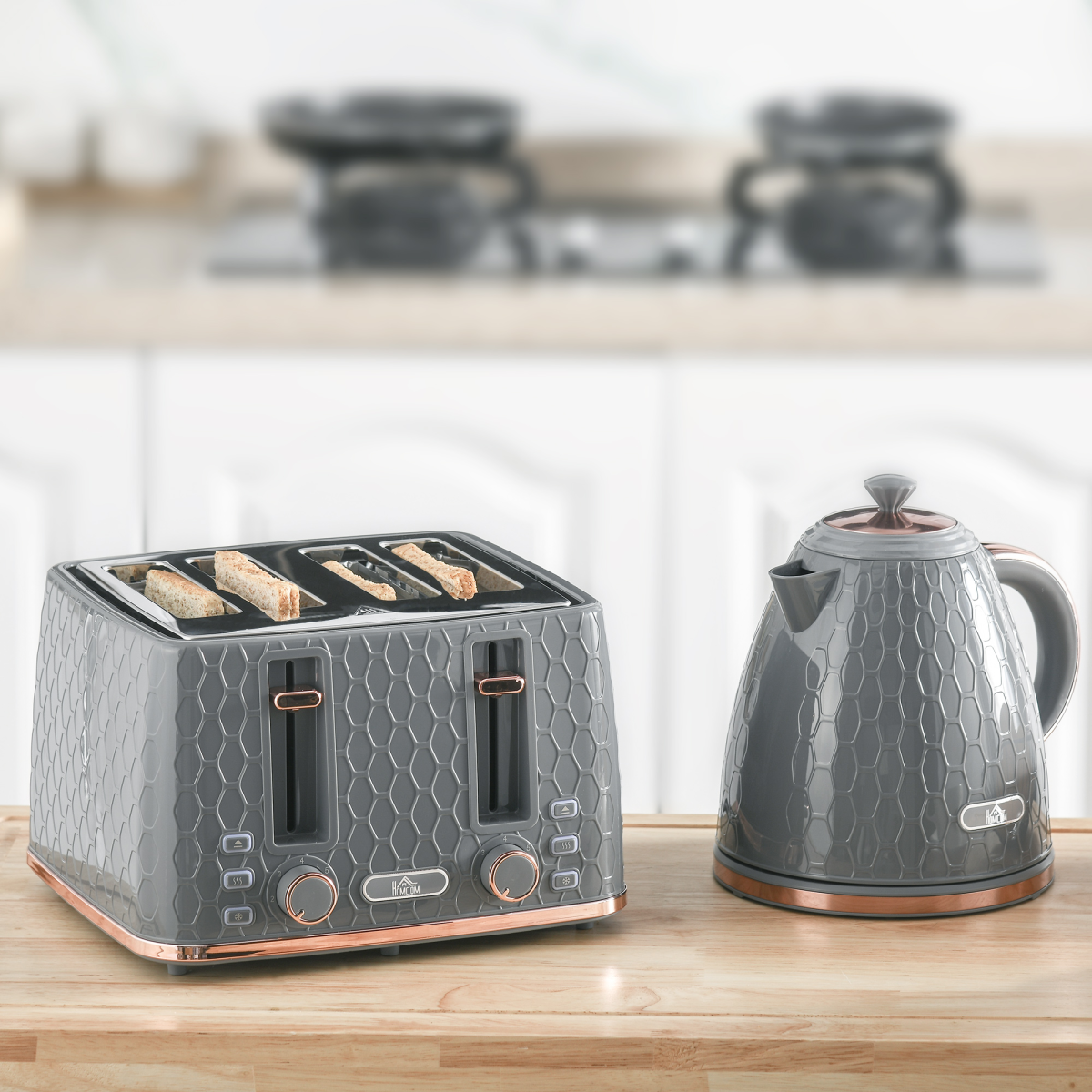 HOMCOM 1.7L Fast Boil Kettle & 4-Slice Toaster Set with Defrost & Reheat Settings – Honeycomb Texture, Grey