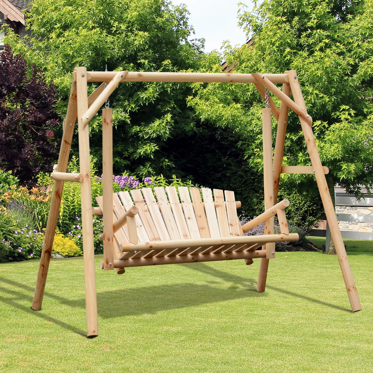 Outsunny 2-Seater Wooden Porch Swing Bench with Armrests & Curved Back – Rustic Garden Hanging Seat