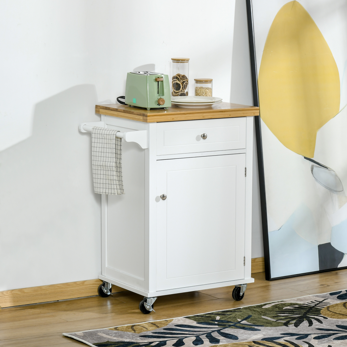 HOMCOM Rolling Kitchen Cart with Drawer & Towel Rail – Mobile Storage on Smooth-Rolling Wheels, White