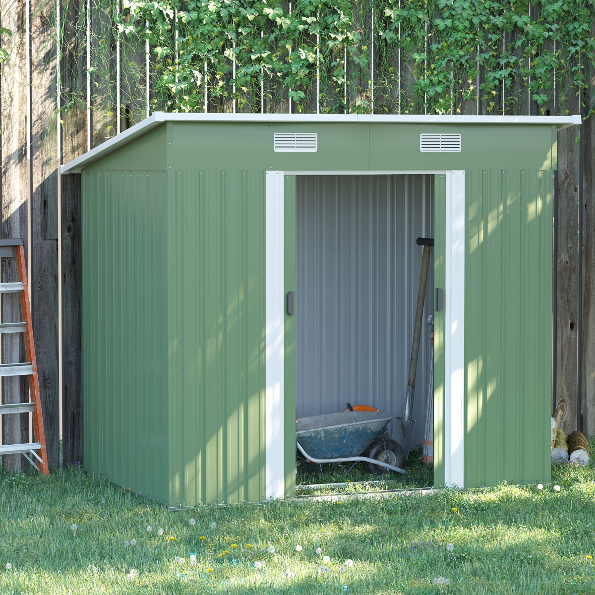Outsunny 6.8 x 4.3ft Outdoor Garden Storage Shed with Ventilation & Sloped Roof – Tool Store, Green