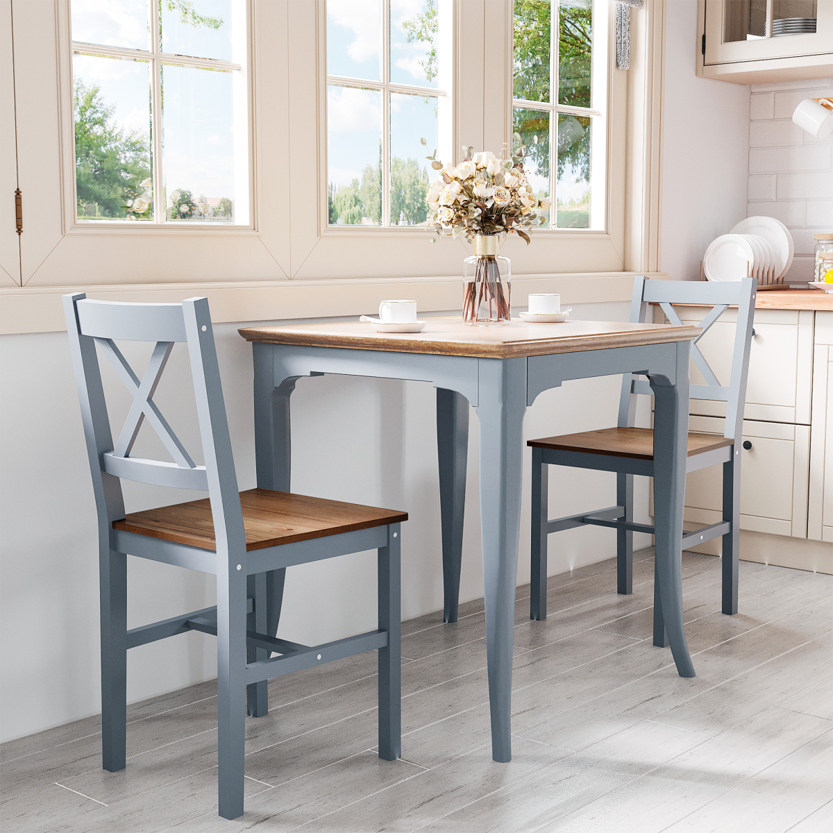 HOMCOM Pine Wood Cross Back Dining Chairs, Set of 2 – Farmhouse Style Kitchen Seating, Grey