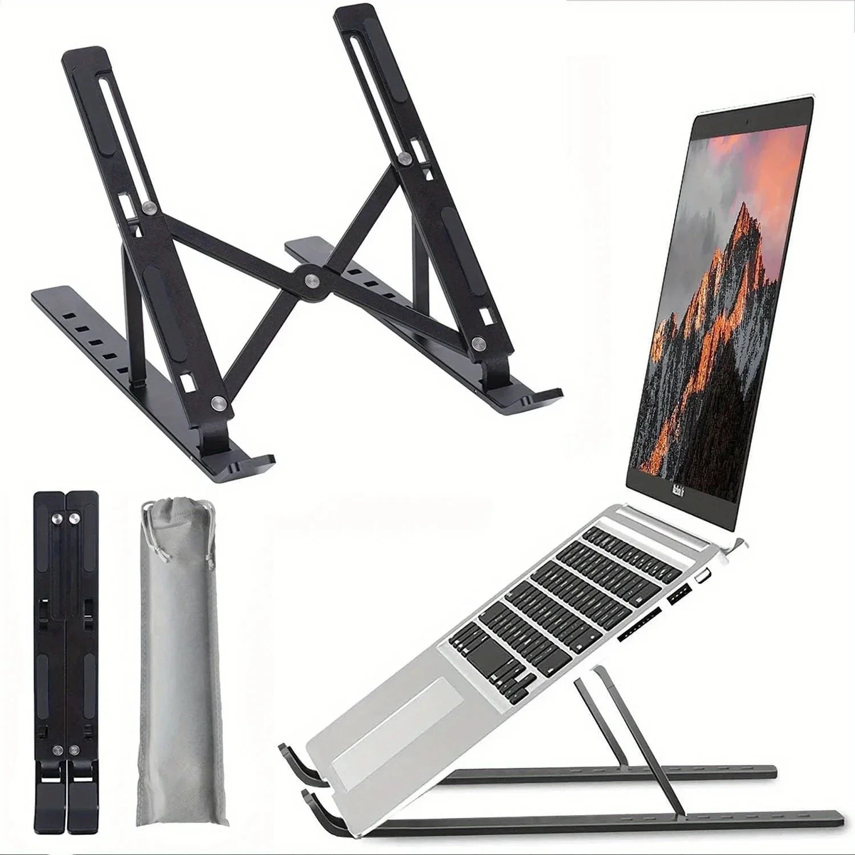 Portable Adjustable Laptop Stand with 7 Height Settings – Foldable Aluminium Alloy Notebook Holder, Black