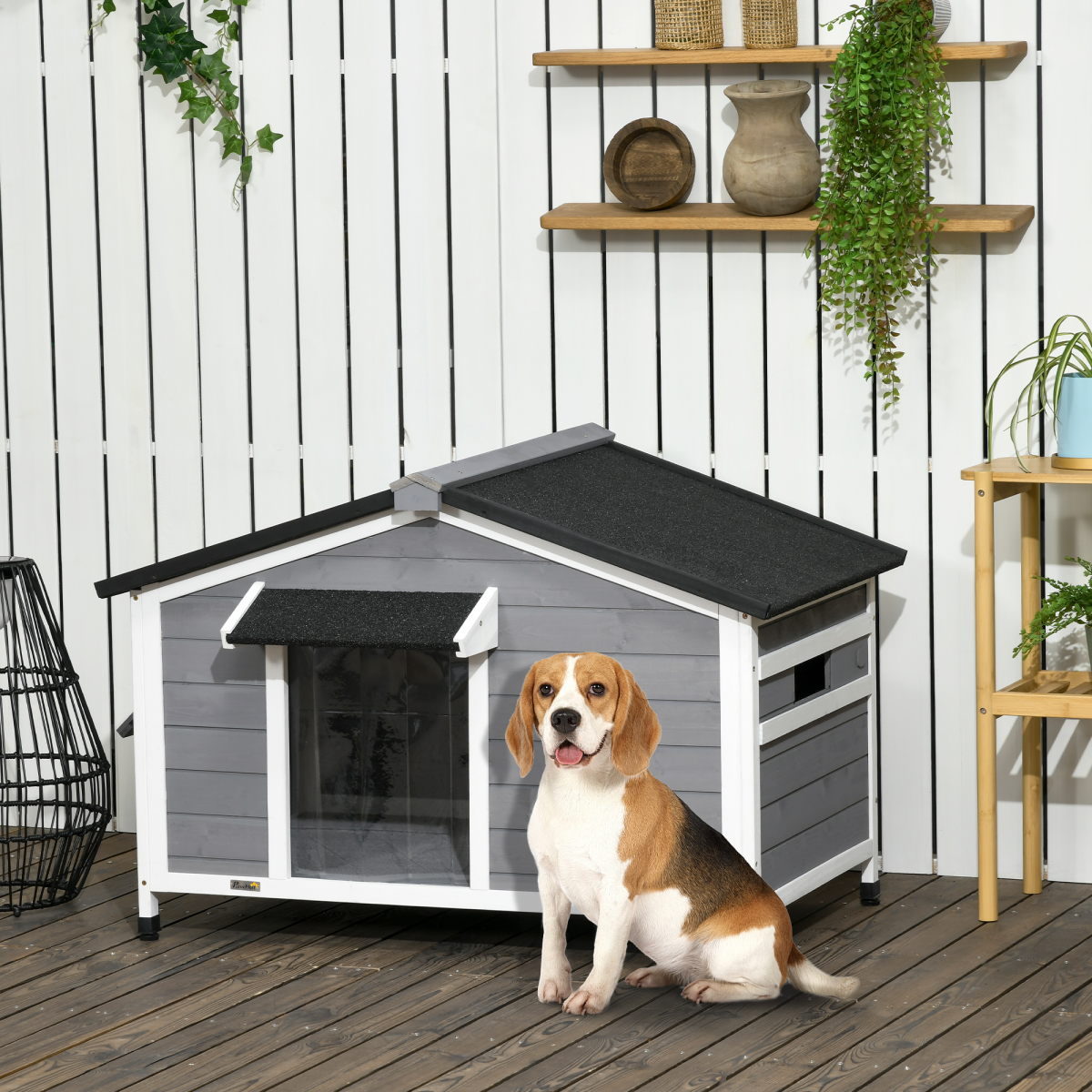 PawHut Large Wooden Dog Kennel for Outside with Door Eaves – Fir Wood Pet House, 109 x 79 x 72 cm, Grey