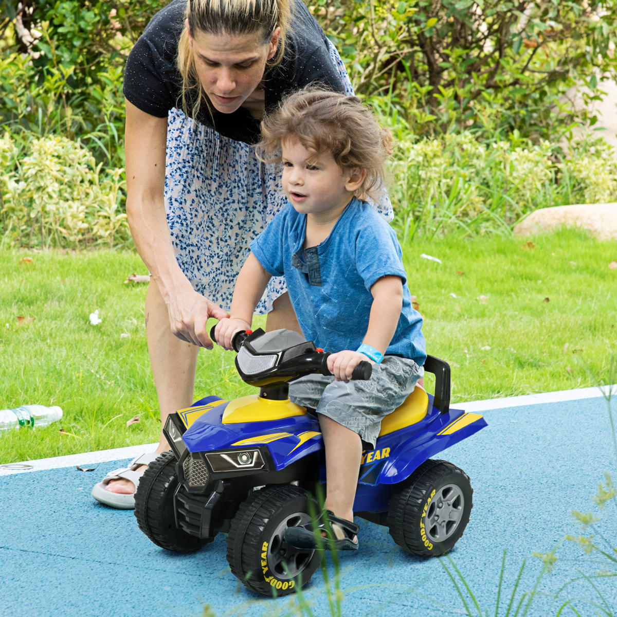 HOMCOM Goodyear Baby Quad Ride-On Walker with Lights, Horn & Storage – Sliding Toy for 18-36 Months, Blue and Yellow