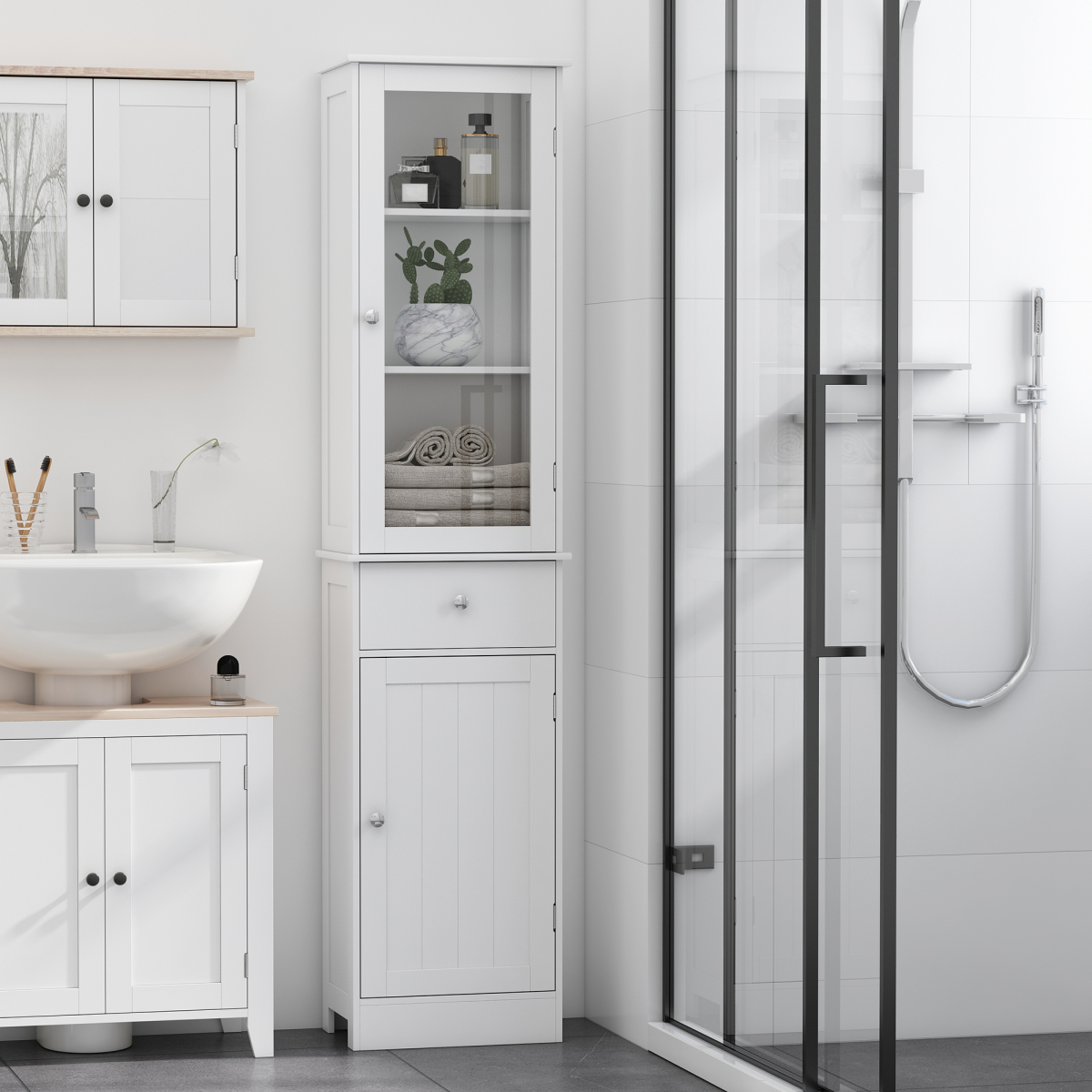 kleankin Tall Bathroom Storage Cabinet with 3 Open Shelves and Acrylic Door – Narrow Anti-Toppling Unit, White