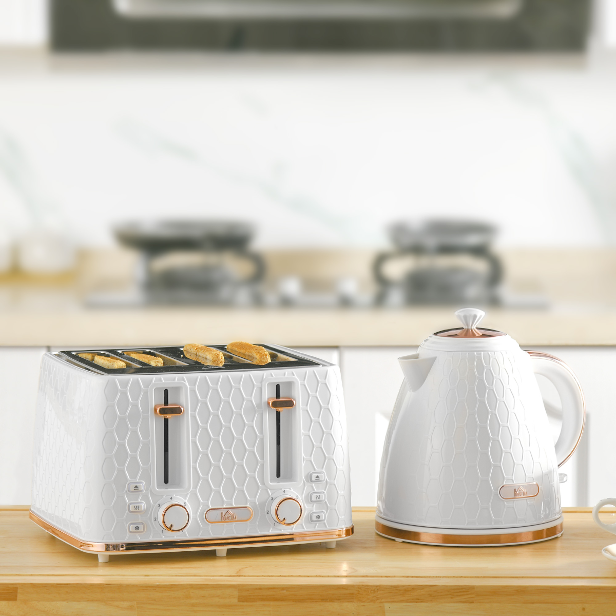 HOMCOM 1.7L Kettle & 4-Slice Toaster Set with Defrost & Reheat – Honeycomb Breakfast Set, White
