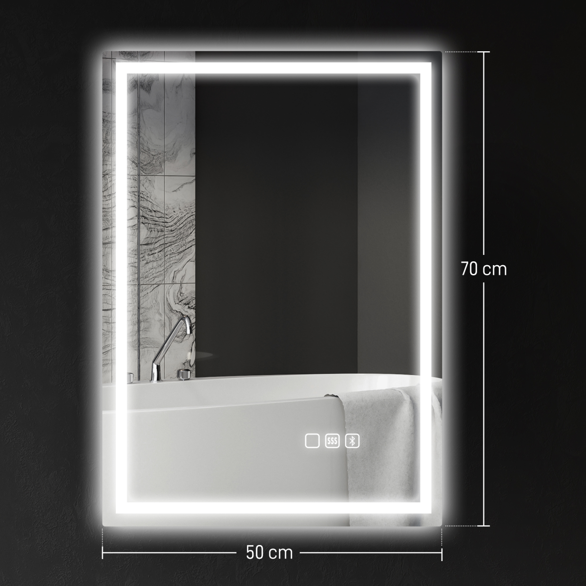 LED Bathroom Mirror 70 x 50cm with Bluetooth Speaker, Front & Back Lighting and Demister – Silver
