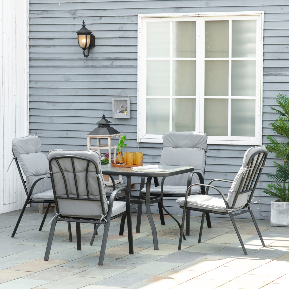 Outsunny 5-Piece Garden Dining Set with Glass-Top Table, Umbrella Hole & 4 Cushioned Chairs – Patio Furniture