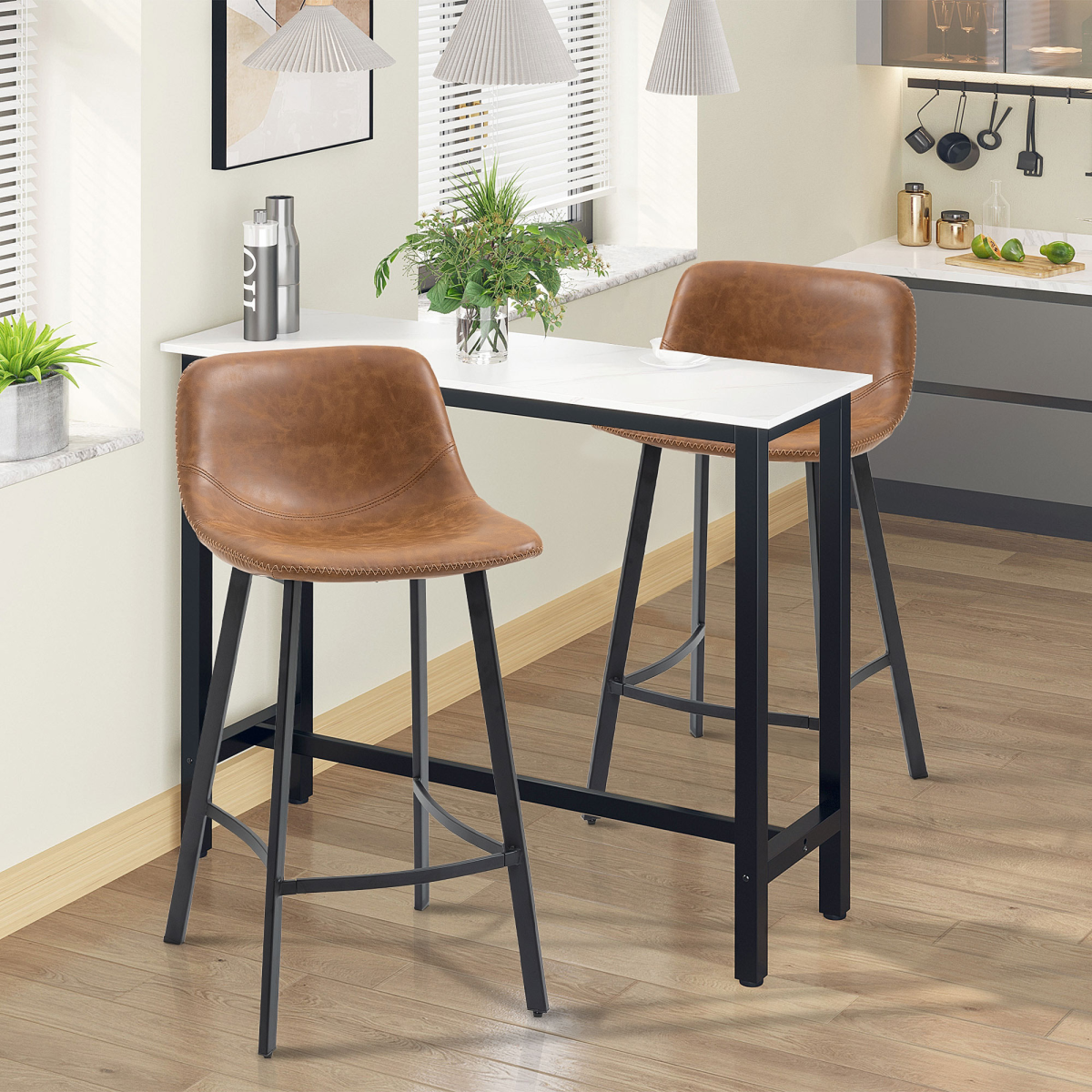 HOMCOM Set of 2 Industrial Bar Stools with Steel Legs & Footrest – Kitchen & Home Bar Seating, Brown