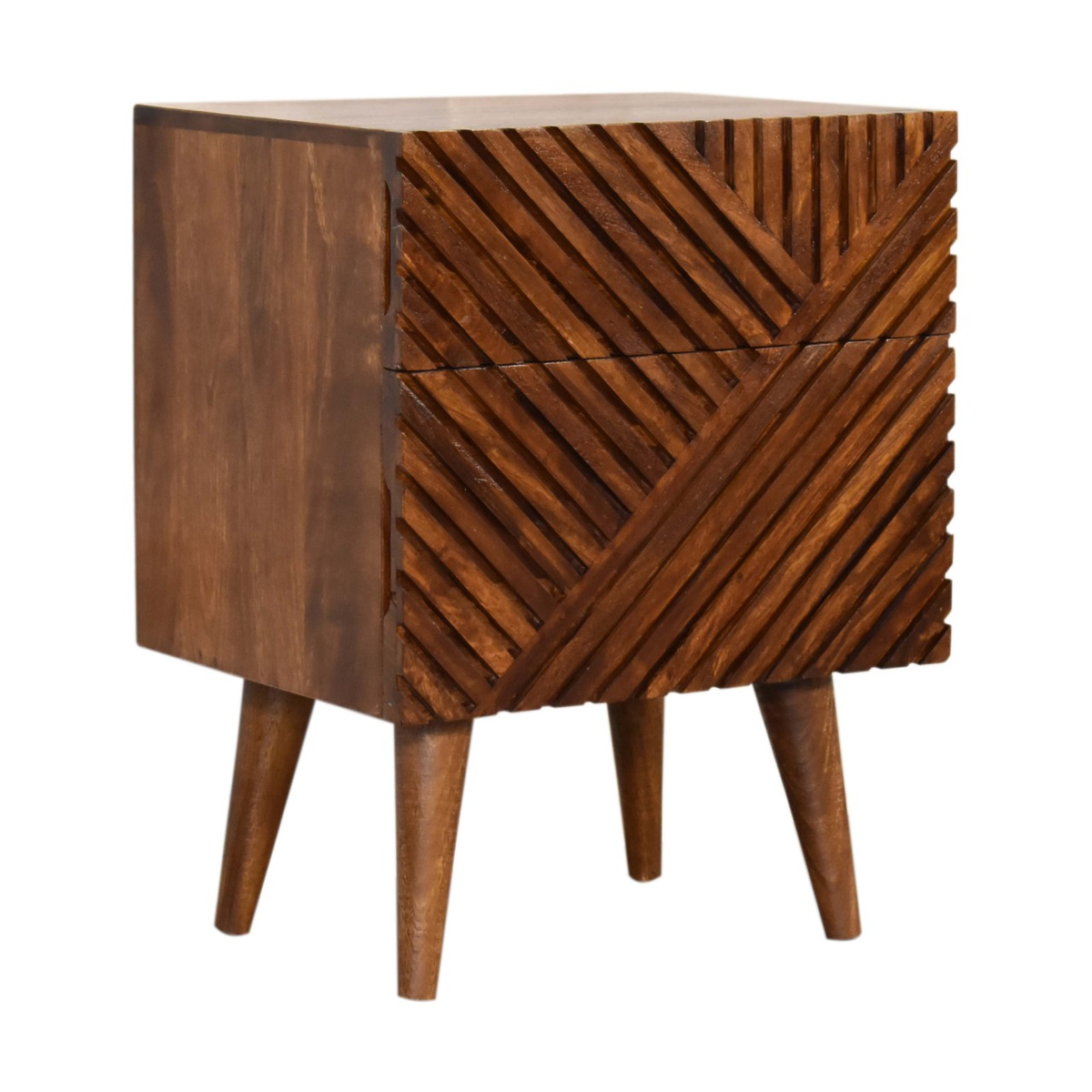 Artisan Furniture Solid Wood Lille Bedside Table with 2 Hand-Carved Drawers – Chestnut, Brown