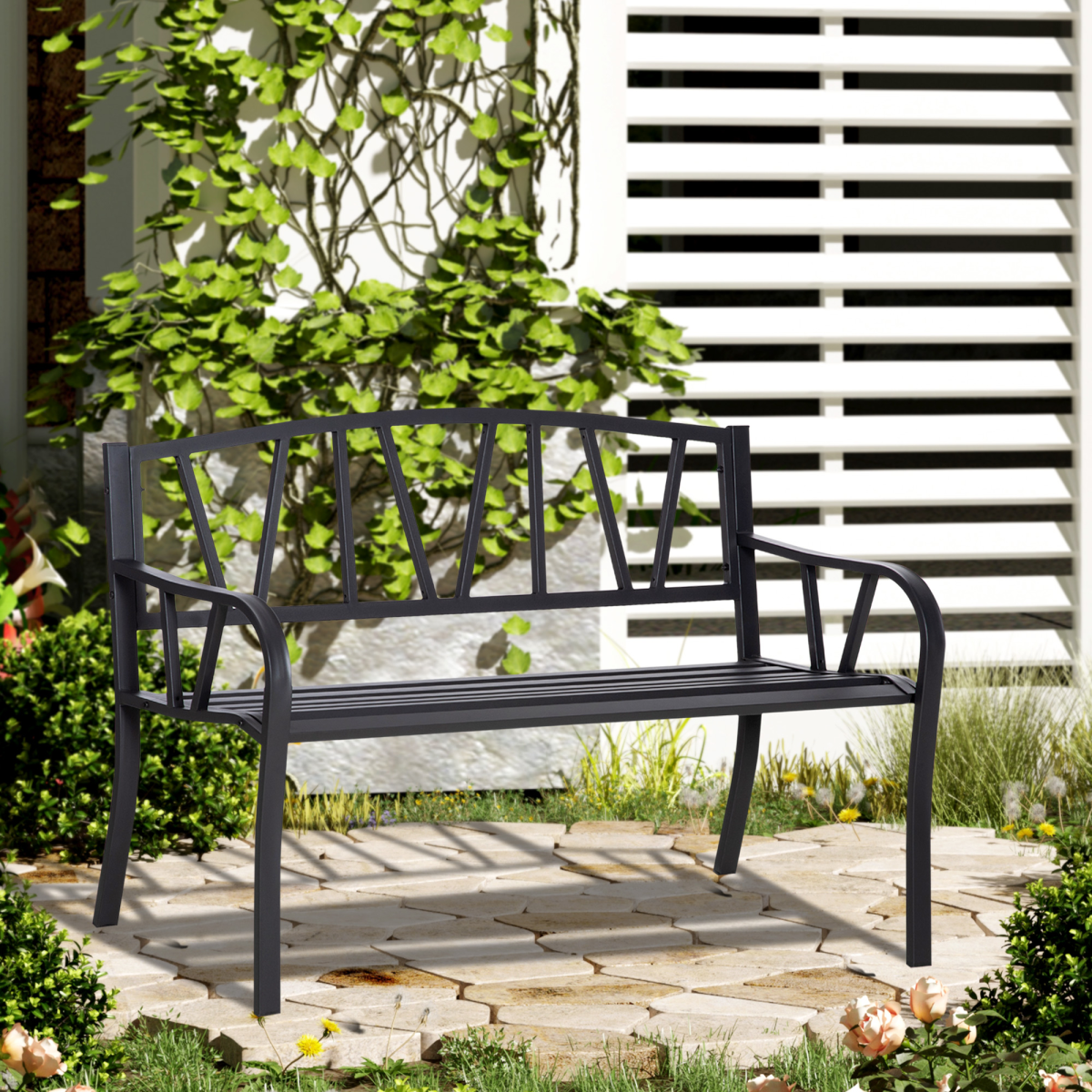 Outsunny 2-Seater Metal Garden Bench with Slatted Seat – Outdoor Loveseat for Patio and Park