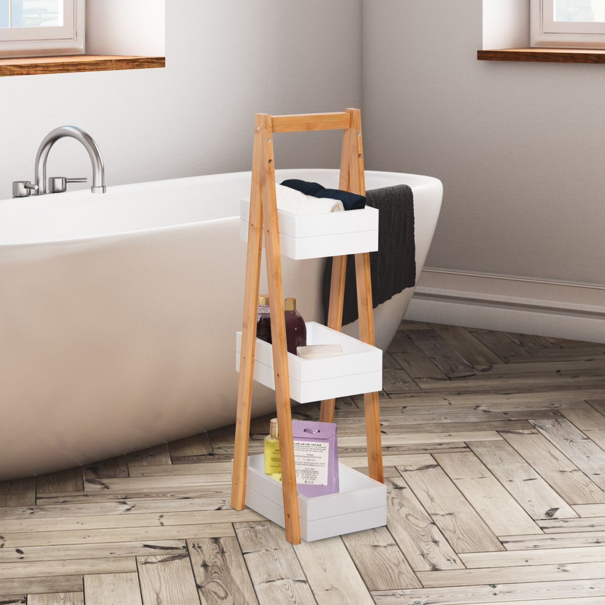 HOMCOM 3-Tier Bamboo Bathroom A-Shape Rack – Storage Shelf for Toiletries and Towels