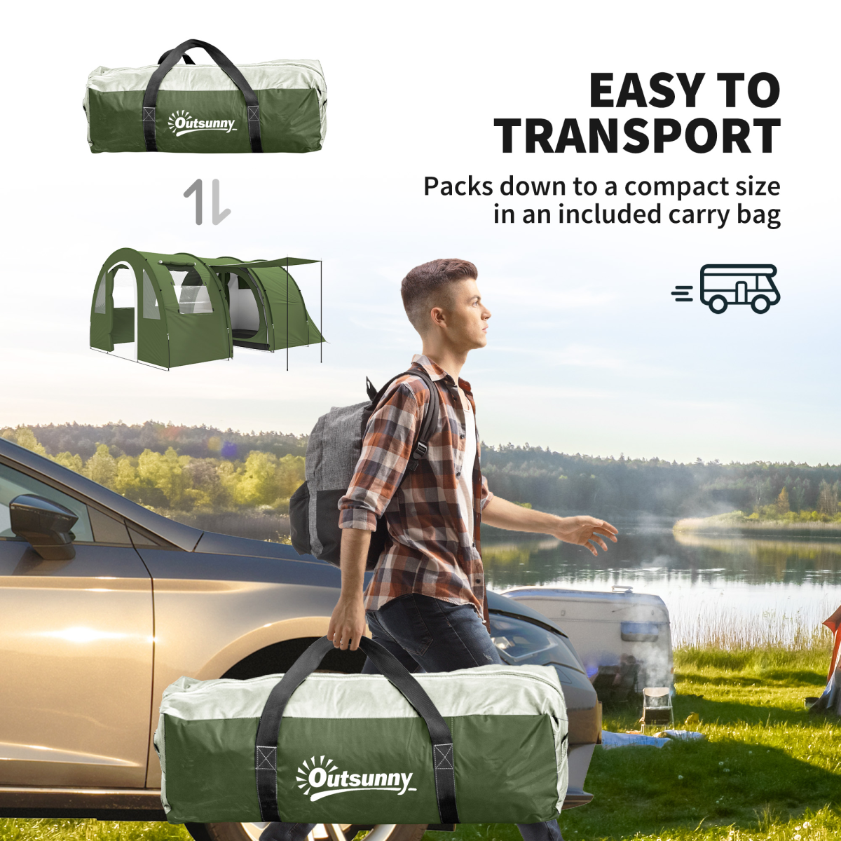 5-6 Person Two Room Camping Tent with 2000mm Waterproof Rating & Carry Bag – Family Tent, Green