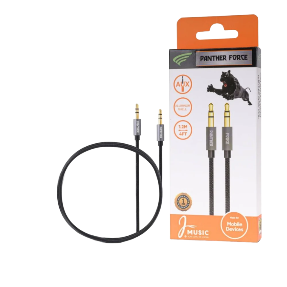 Panther Force 1.2m AUX Cable with 3.5mm Audio Jack – Braided, Gold-Plated Connectors, PF110