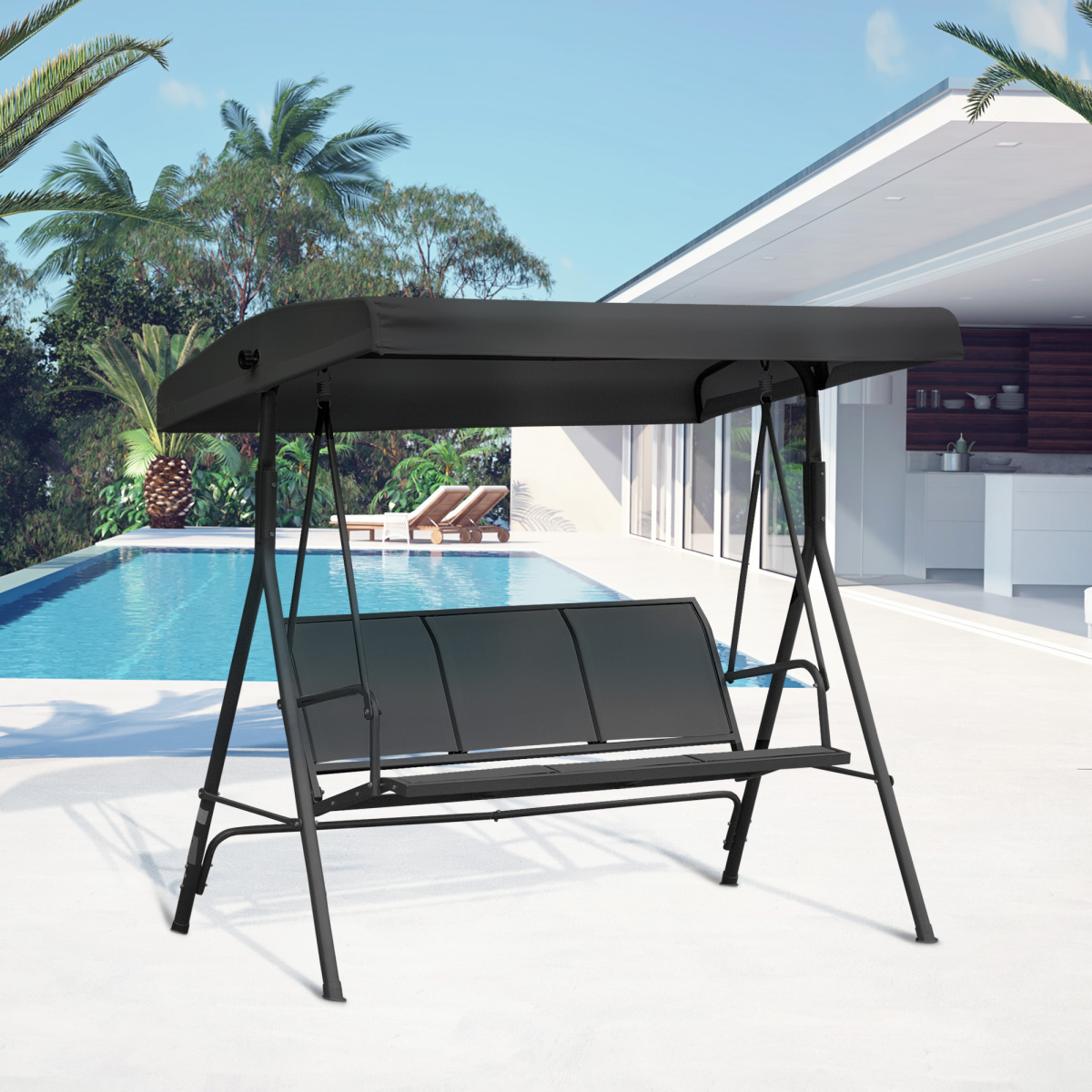 Outsunny 3 Seater Garden Swing Hammock with Canopy, Steel Frame & Anti-Slip Feet – Patio Swing Seat, Black