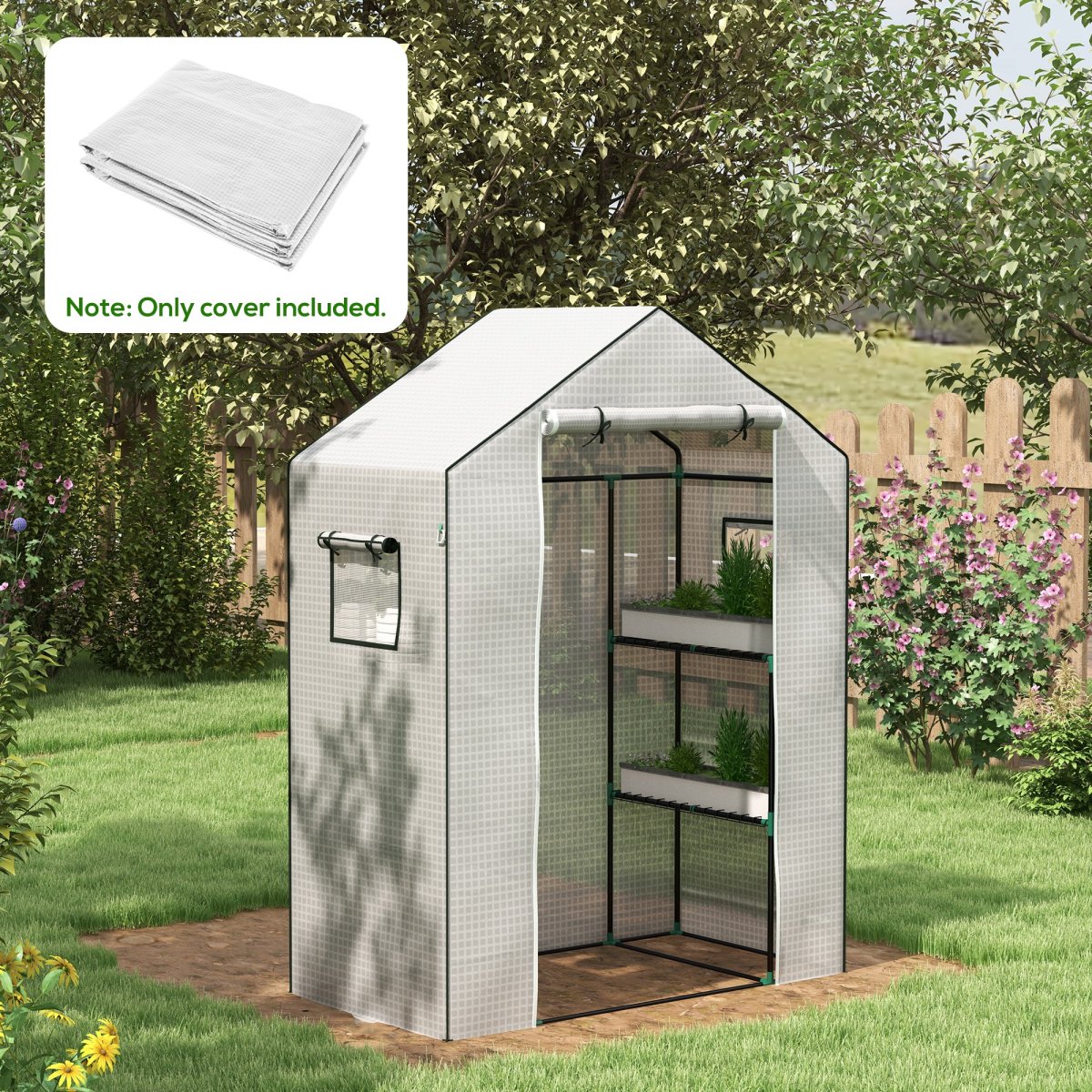 Outsunny Greenhouse Replacement PE Cover with Roll-up Door & Mesh Windows – Cover Only, White