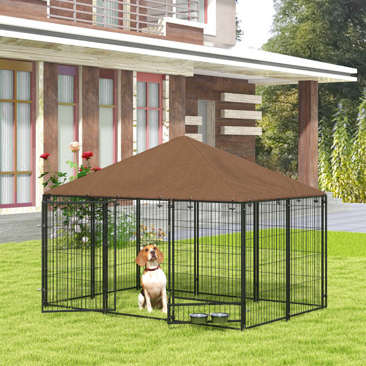 PawHut Outdoor Dog House Kennel with Canopy Top, Lockable Door & Rotating Bowl Holder – Black and Brown