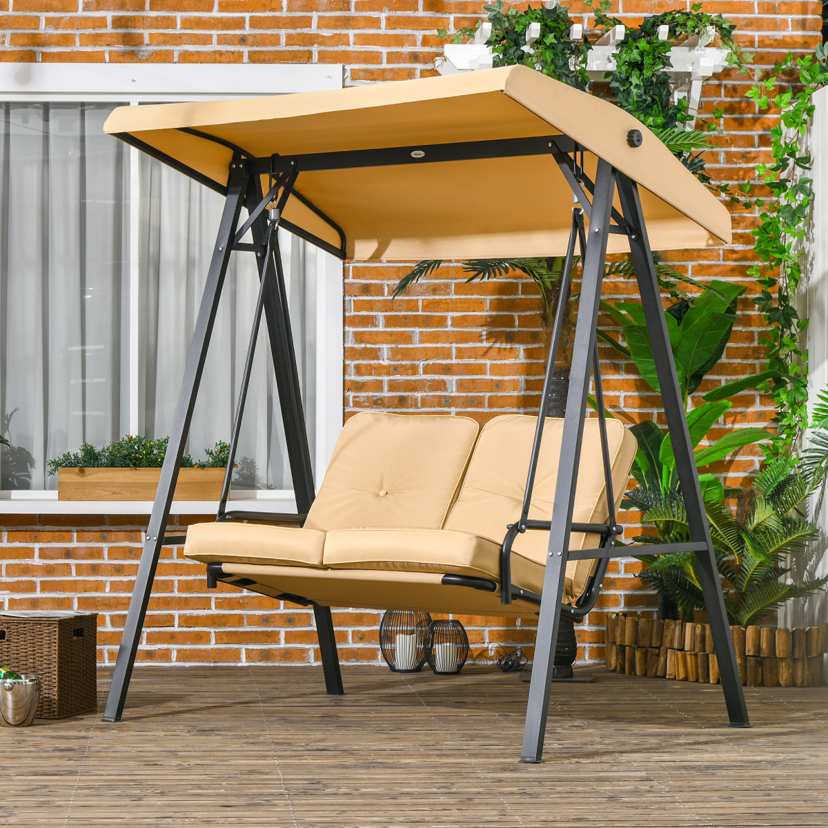 Outsunny 2-Seater Garden Swing Chair Hammock with Adjustable Canopy & Cushions – Steel Frame