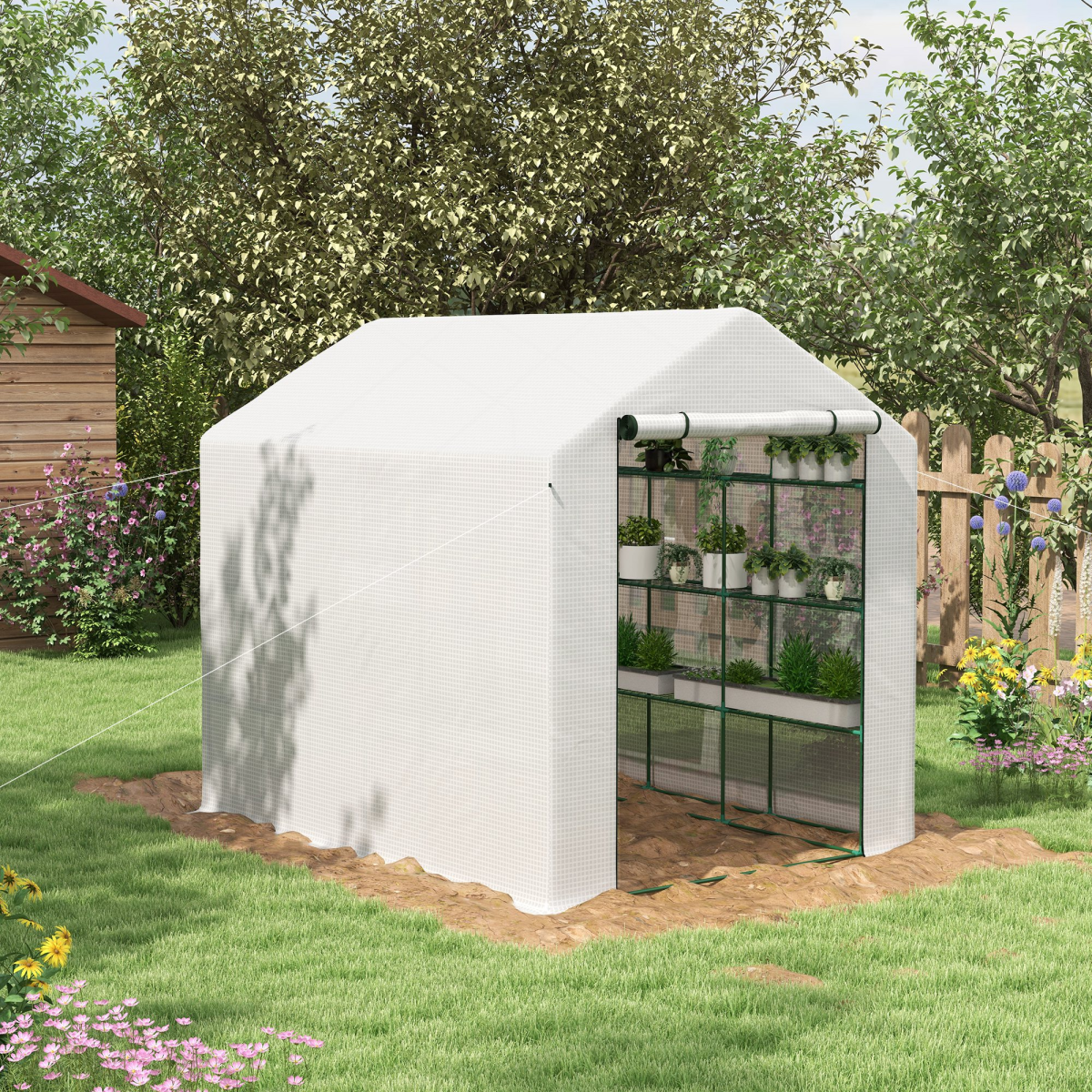 Outsunny Walk-In Greenhouse Polytunnel with Roll-Up Door & 3-Tier Shelves – 244 x 180 cm, Reinforced PE Cover