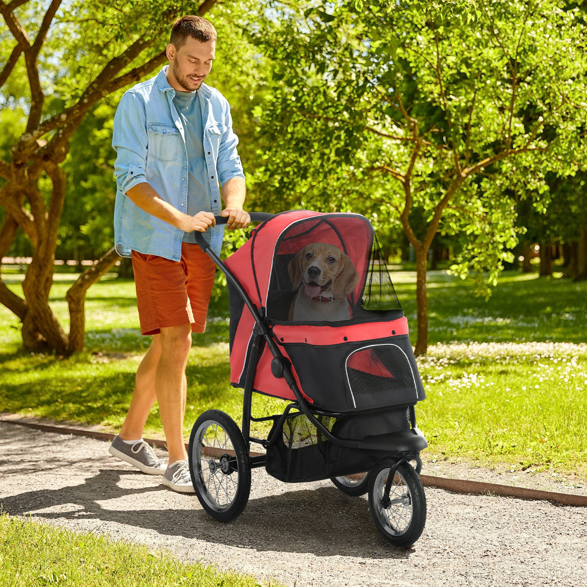 PawHut Foldable Pet Stroller Jogger with Canopy & Three Wheels – Pram for Medium Dogs, Red