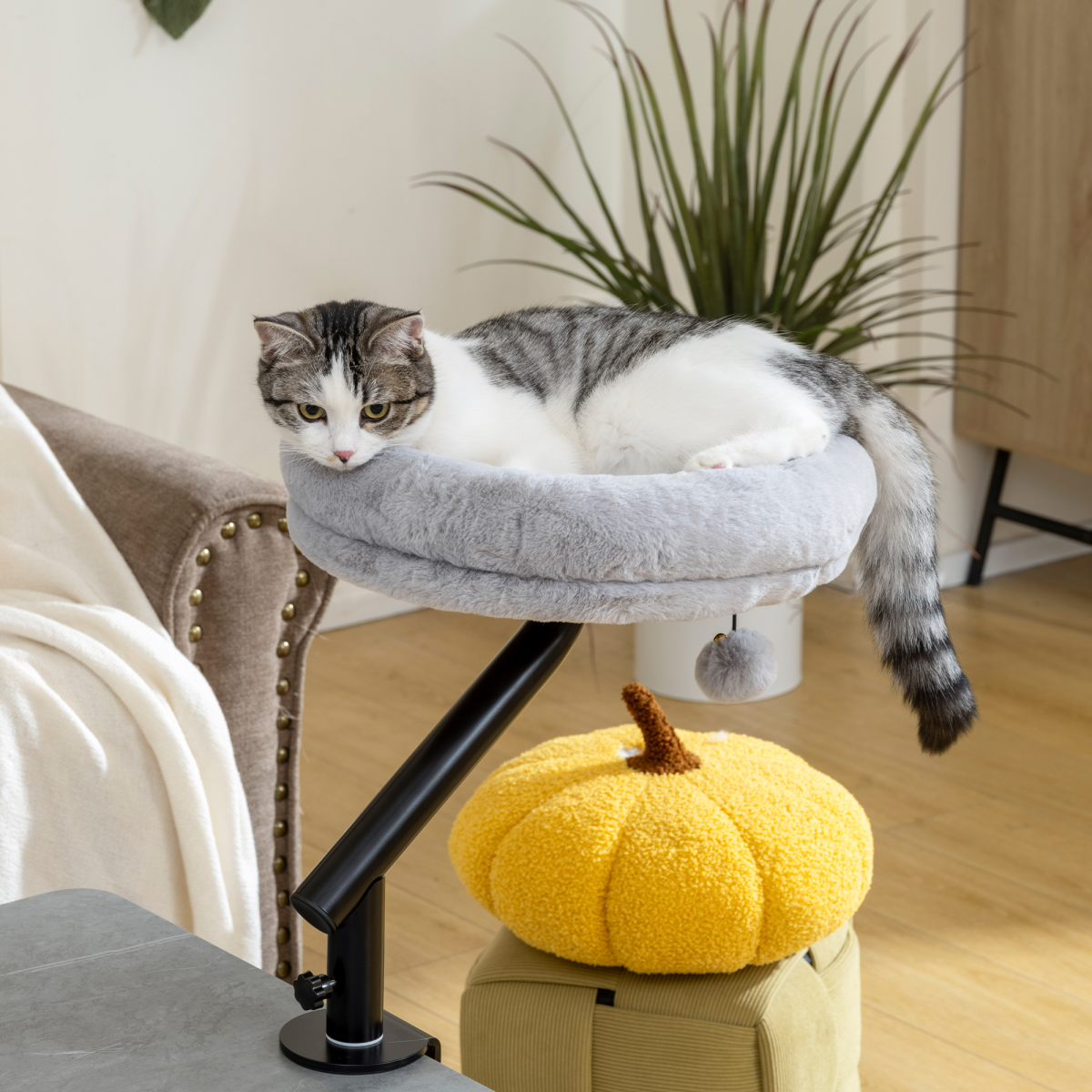 PawHut Cat Bed for Desk with 360° Rotation, Adjustable Clamp-On Cat Hammock Nest & Teaser Ball, Grey