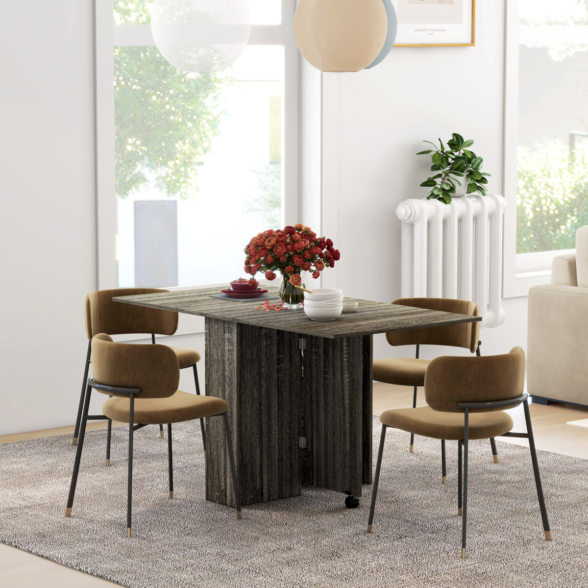 HOMCOM Mobile Drop Leaf Dining Table with 2 Storage Shelves and Brake Wheels – Space-Saving Folding Desk, Grey